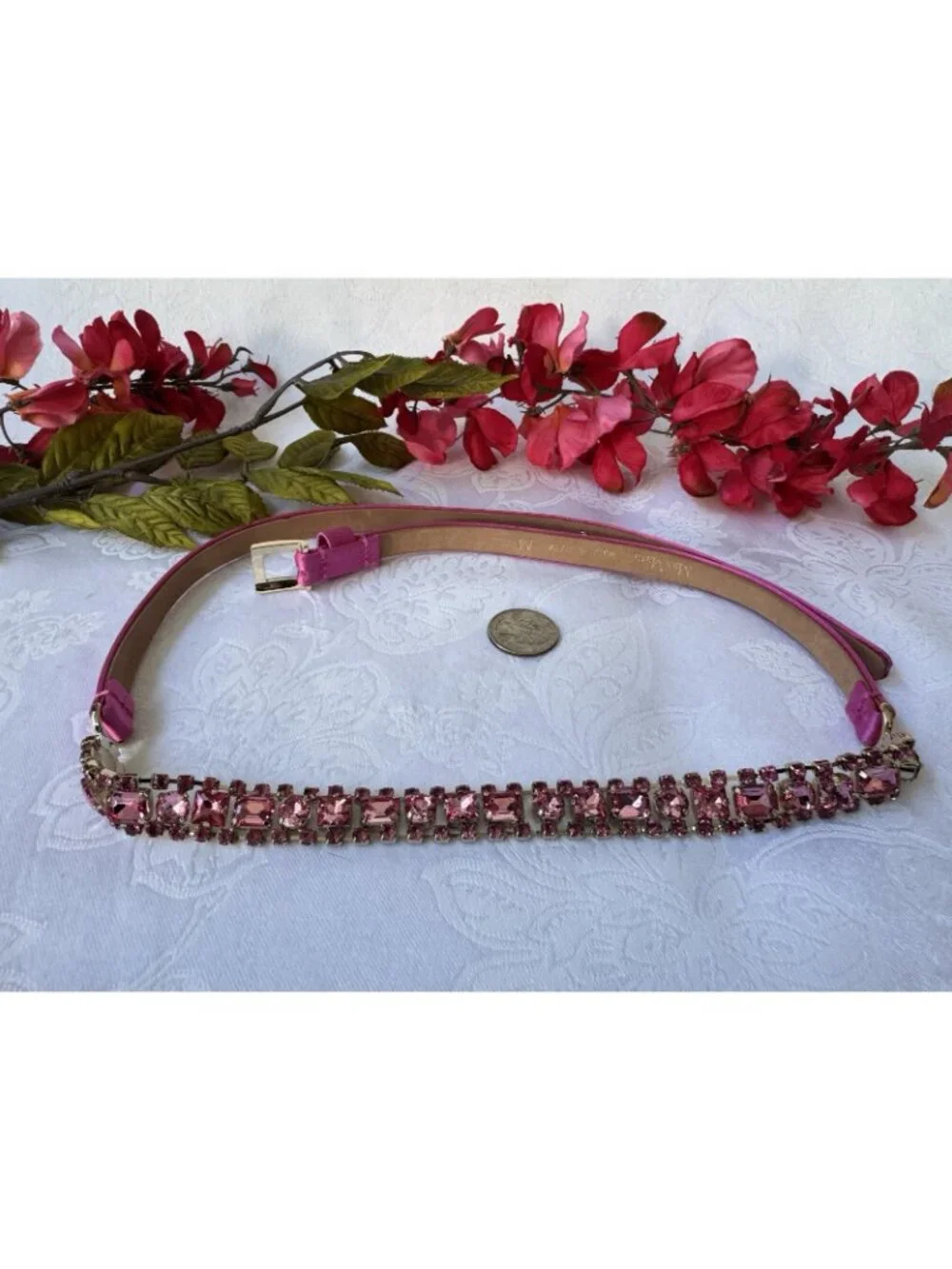 MAX MARA ITALY Thin Pink Crystal Satin Leather Belt M Medium 29-31